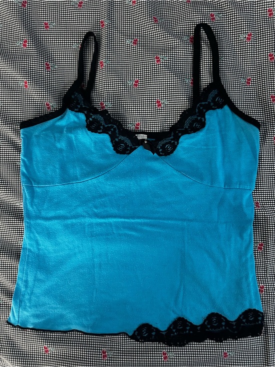 Sandrea USA Tops - ANDREA FENZI Turquoise Blue Camisole with Black Lace Trim